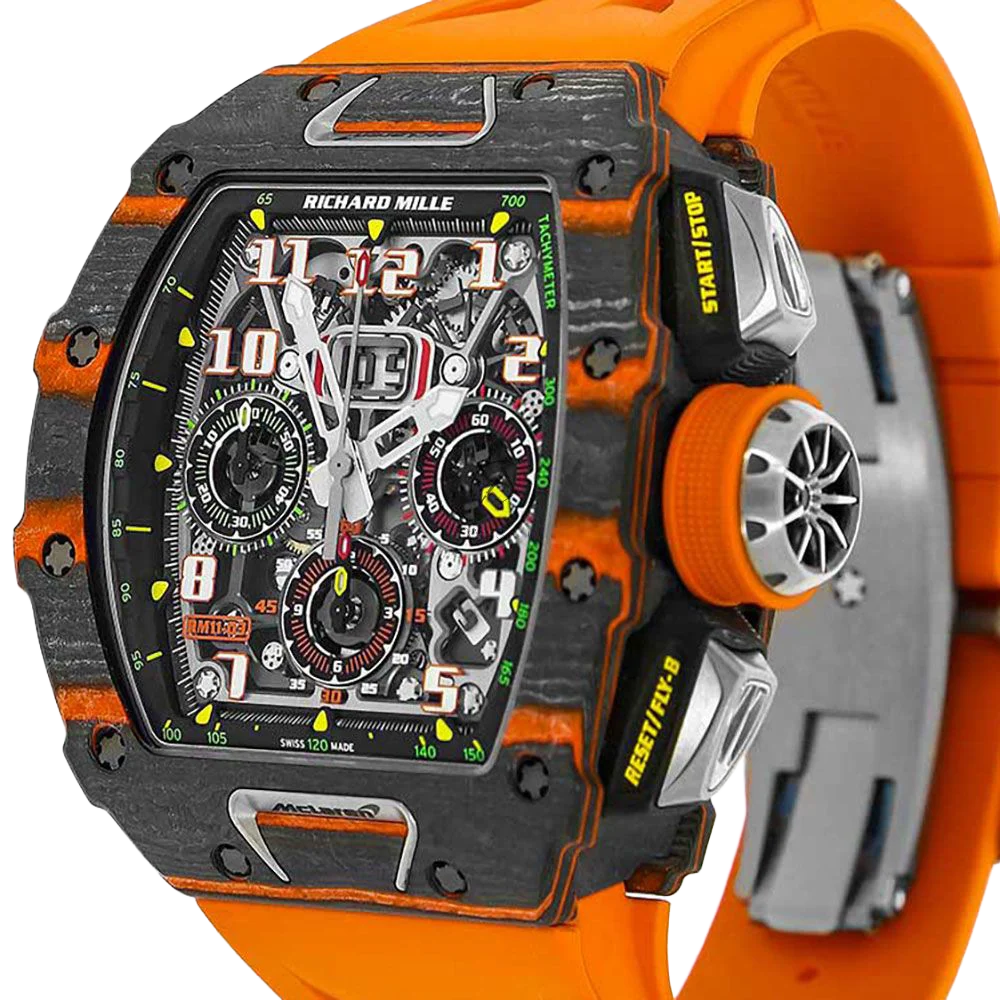 RM 11-03 McLaren Carbon TPT, Skeleton Dial, Orange Strap, 50 mm