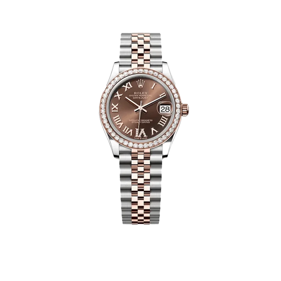 Lady-Datejust 31mm 278381RBR Stainless Steel Rose Gold Brown Roman Numerals Diamond Dial Diamond Bezel Jubilee