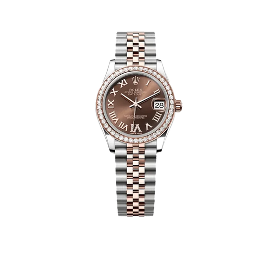 Lady-Datejust 31mm 278381RBR Stainless Steel Rose Gold Brown Roman Numerals Diamond Dial Diamond Bezel Jubilee