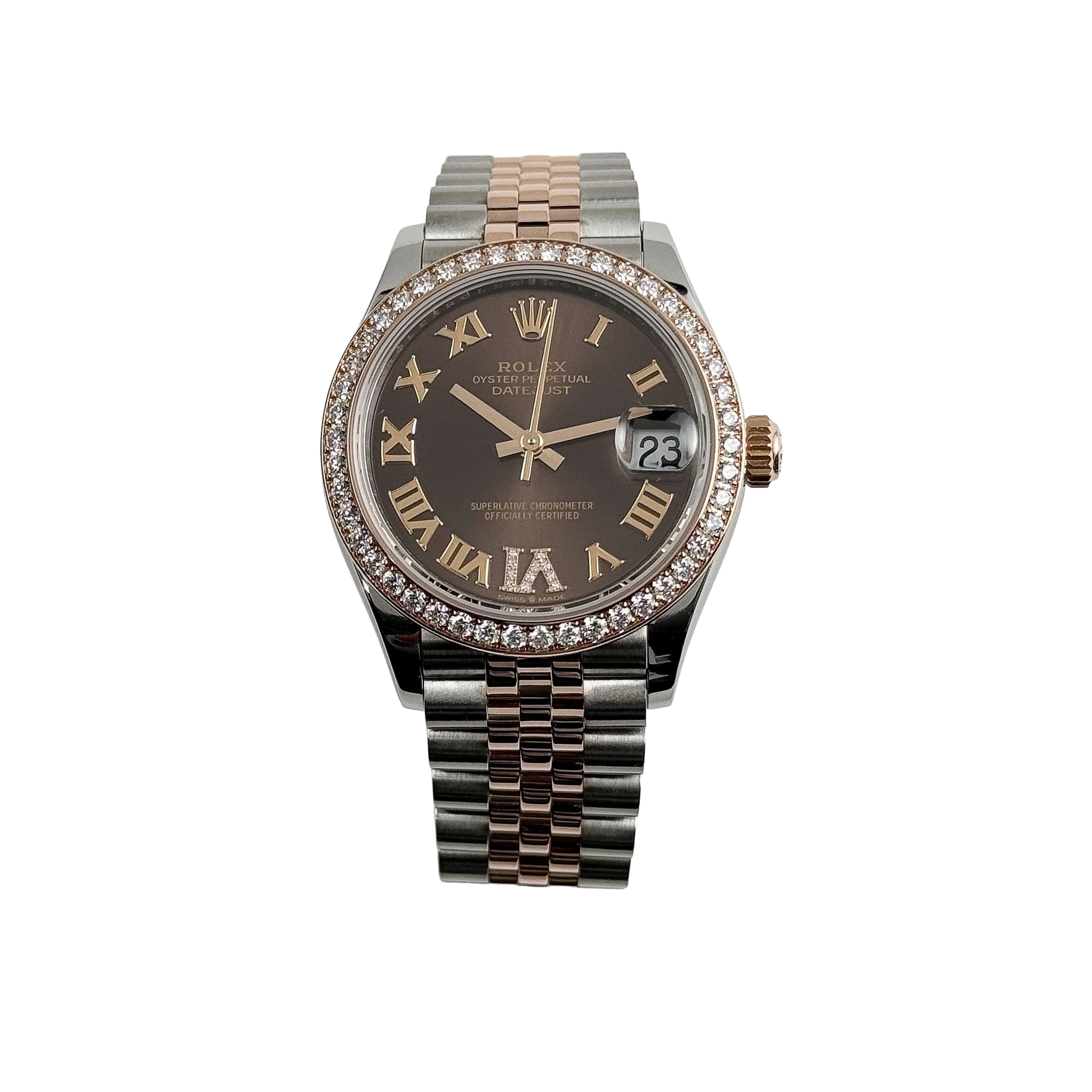 Lady-Datejust 31mm 278381RBR Stainless Steel Rose Gold Brown Roman Numerals Diamond Dial Diamond Bezel Jubilee