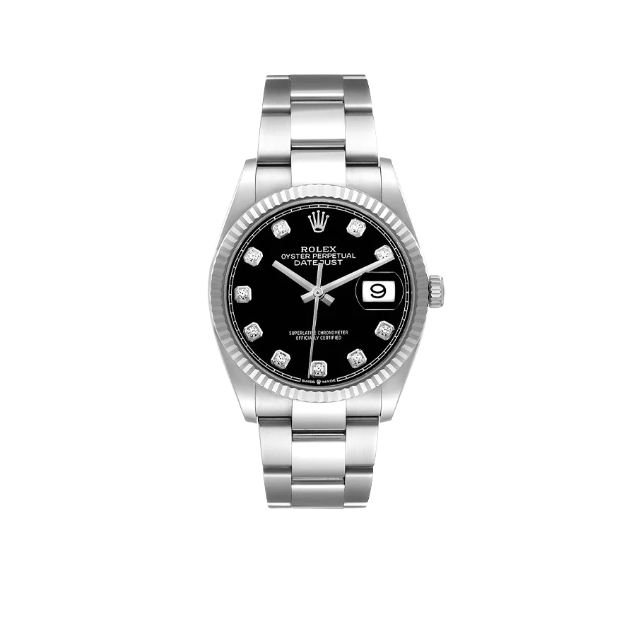Datejust 36mm Steel White Gold Black Diamond Dial Mens Watch 126234