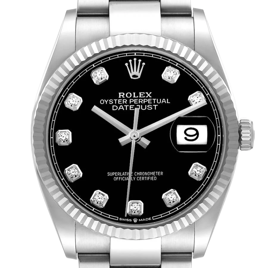 Datejust 36mm Steel White Gold Black Diamond Dial Mens Watch 126234