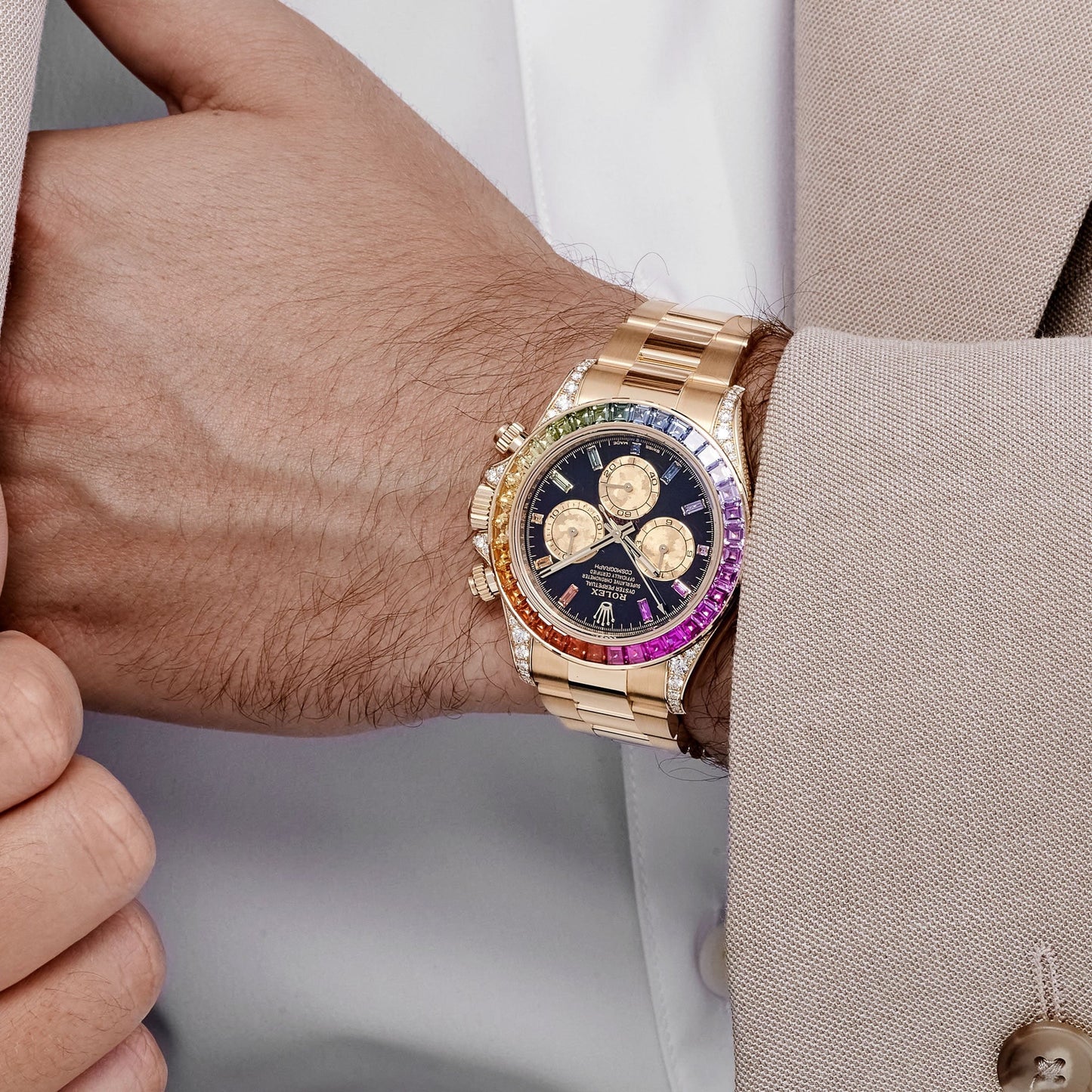 Daytona 126598RBOW 40mm Rainbow Yellow Gold Black Dial Sapphire Bezel