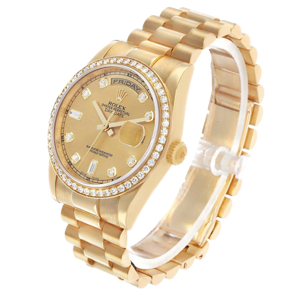 President Day-Date 36mm Yellow Gold Diamond Bezel Mens Watch 118348