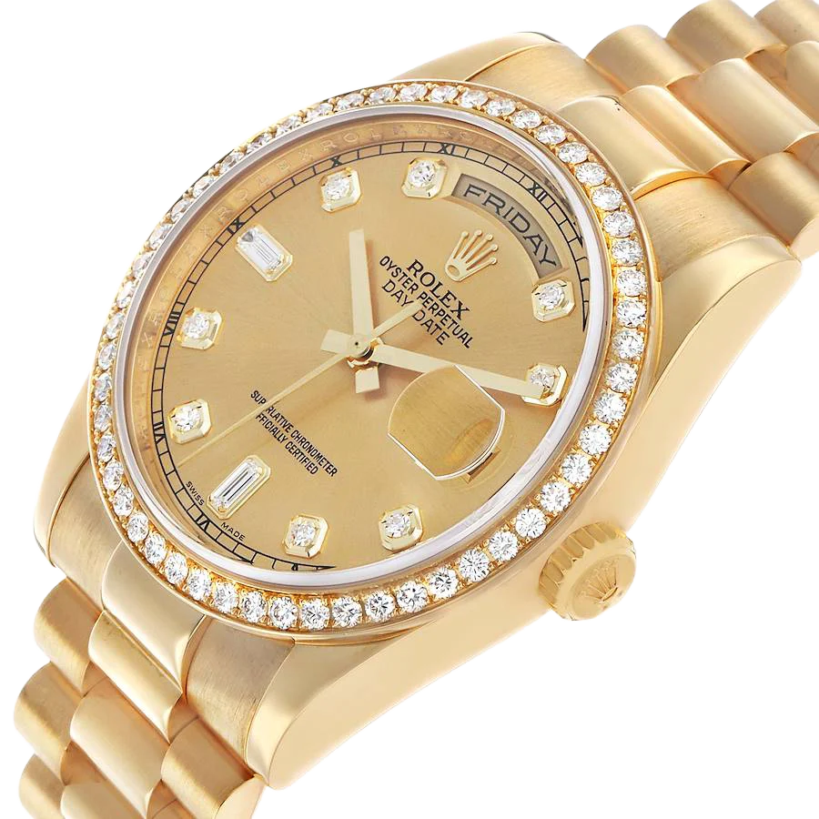 President Day-Date 36mm Yellow Gold Diamond Bezel Mens Watch 118348
