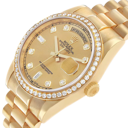 President Day-Date 36mm Yellow Gold Diamond Bezel Mens Watch 118348