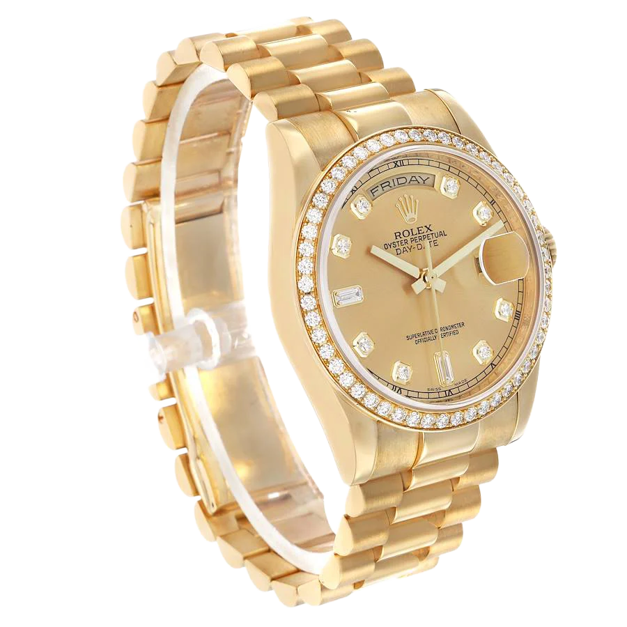 President Day-Date 36mm Yellow Gold Diamond Bezel Mens Watch 118348