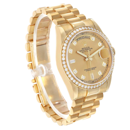 President Day-Date 36mm Yellow Gold Diamond Bezel Mens Watch 118348