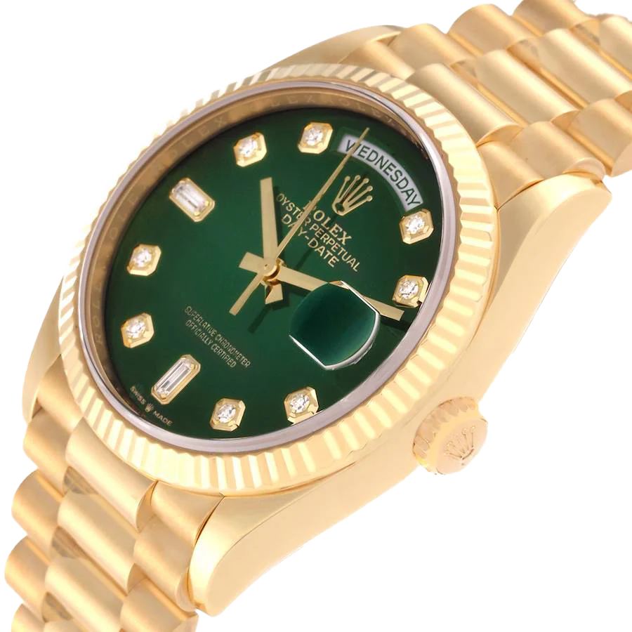 President Day-Date 36mm Yellow Gold Green Diamond Dial Mens Watch 128238