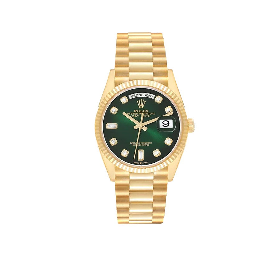 President Day-Date 36mm Yellow Gold Green Diamond Dial Mens Watch 128238