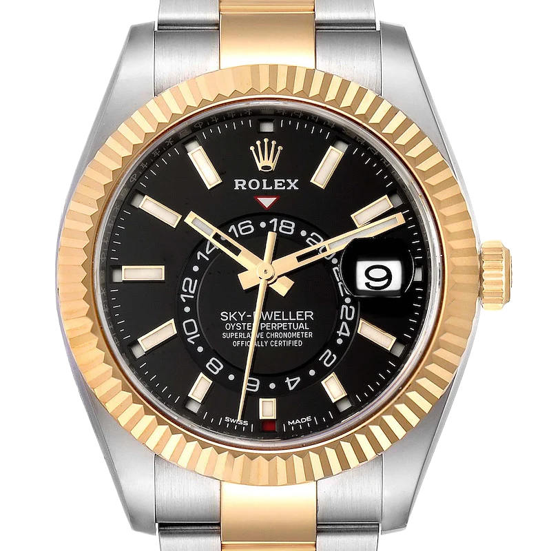 Sky Dweller 42mm Yellow Gold Steel Black Dial Mens Watch 326933