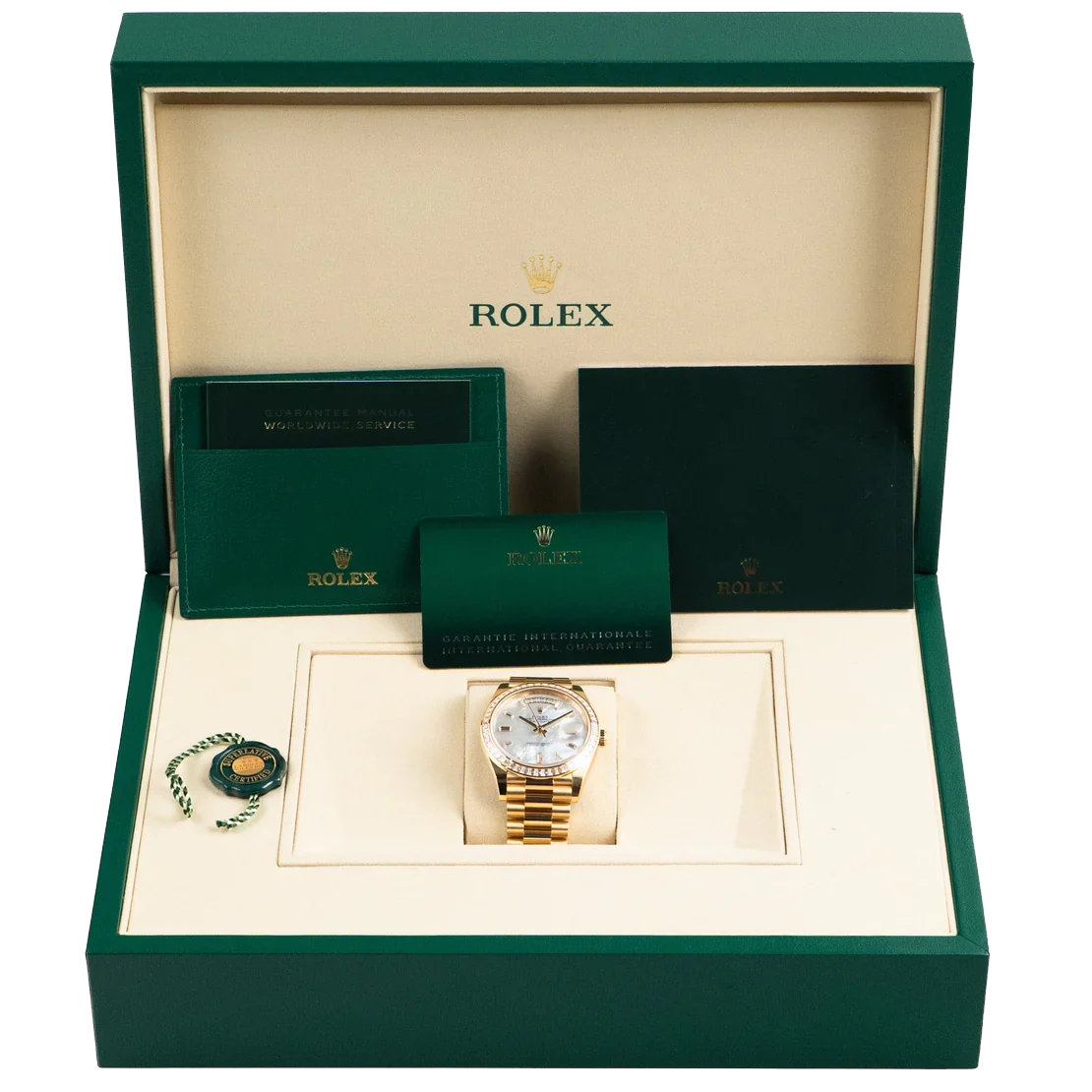Day-Date 40 228398TBR Yellow Gold Mother of Pearl Diamond Baguette Dial and Bezel