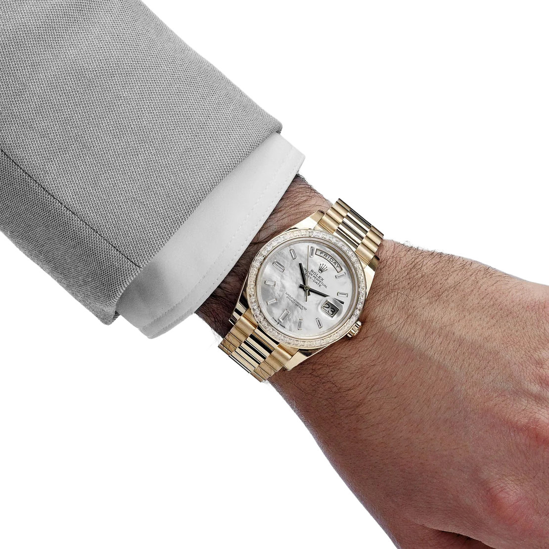 Day-Date 40 228398TBR Yellow Gold Mother of Pearl Diamond Baguette Dial and Bezel