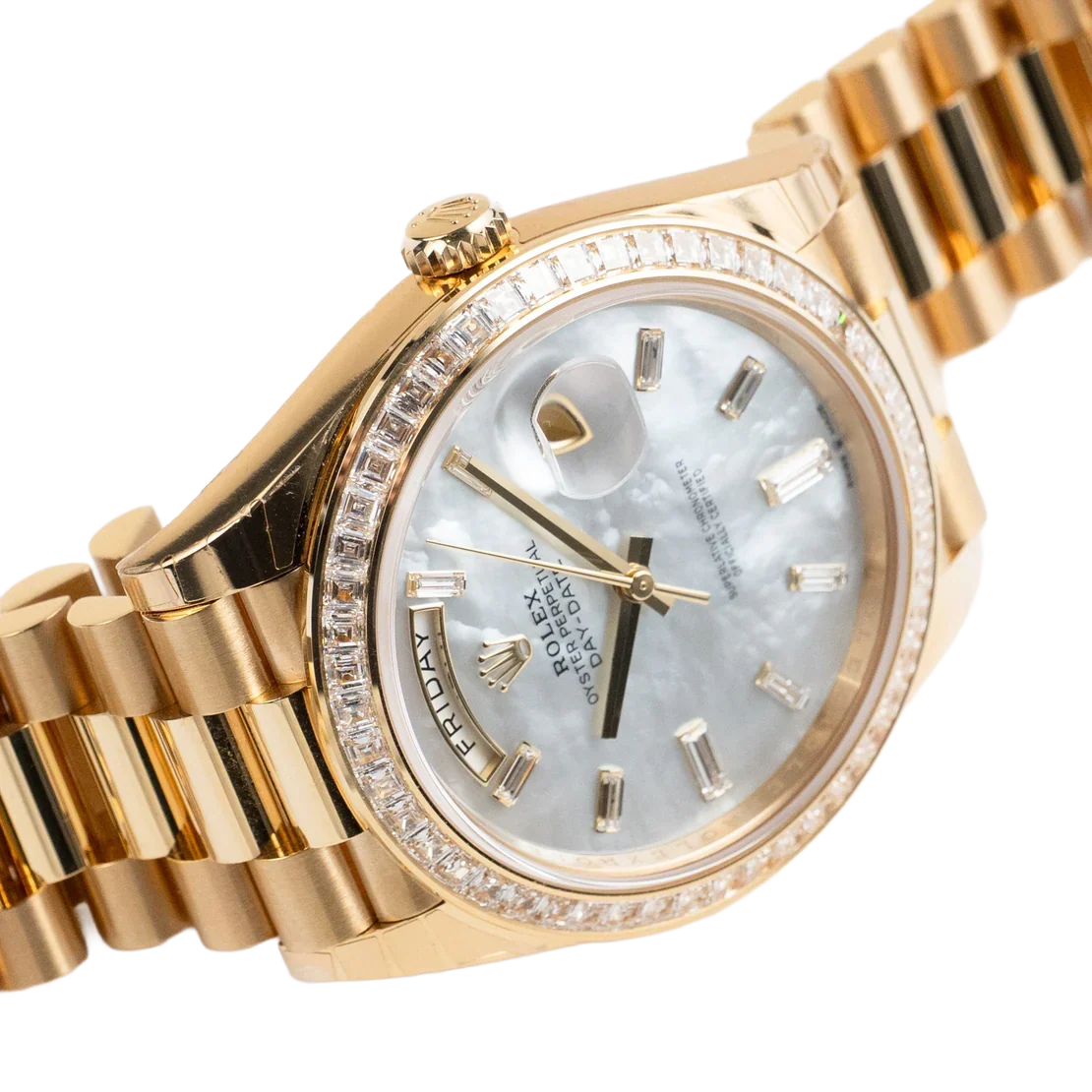 Day-Date 40 228398TBR Yellow Gold Mother of Pearl Diamond Baguette Dial and Bezel