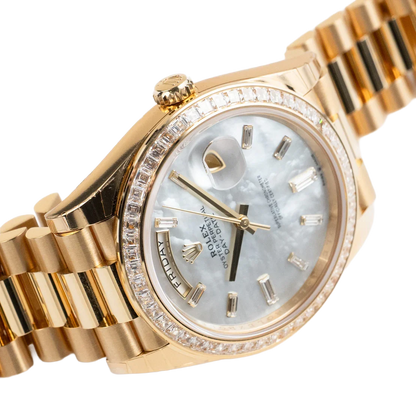 Day-Date 40 228398TBR Yellow Gold Mother of Pearl Diamond Baguette Dial and Bezel