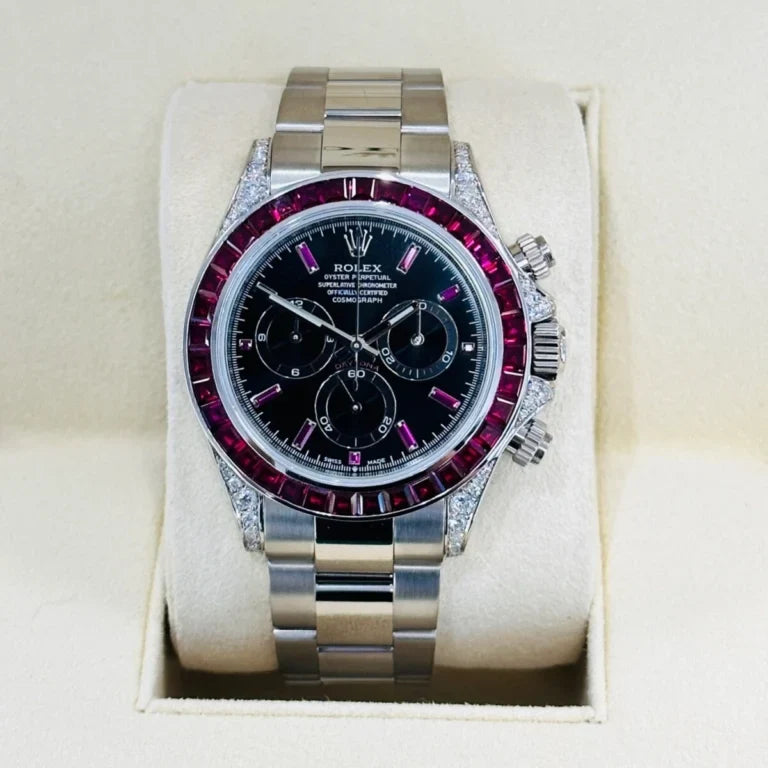 Daytona 126599TRU White Gold Diamond Black Dial Ruby Bezel