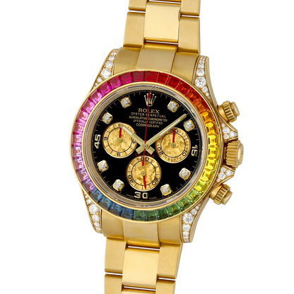 Daytona 116598RBOW Rainbow Yellow Gold Black Diamond Dial Sapphire Bezel