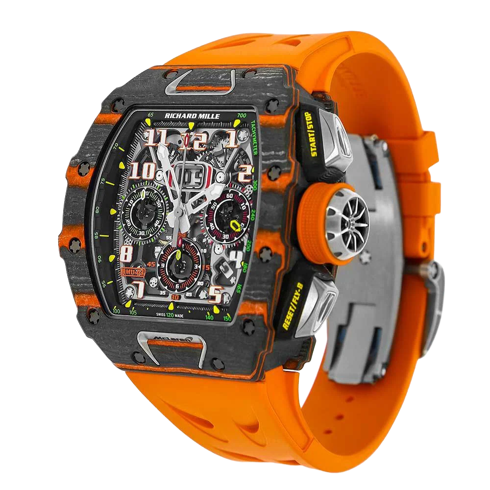 RM 11-03 McLaren Carbon TPT, Skeleton Dial, Orange Strap, 50 mm