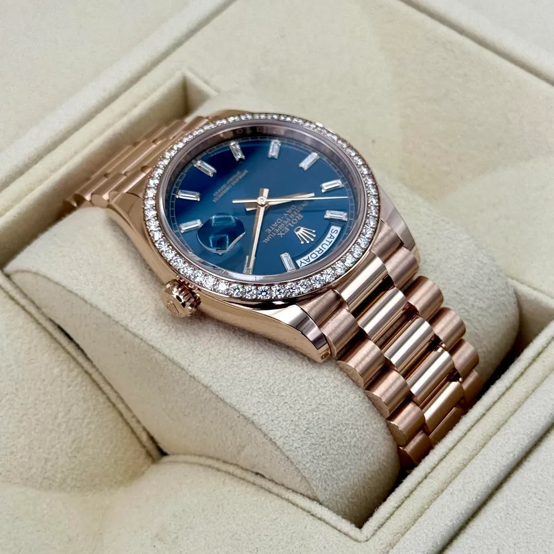 Day-Date 36mm 128345RBR Rose Gold Diamond Bezel Blue-Green Baguette Marker Dial