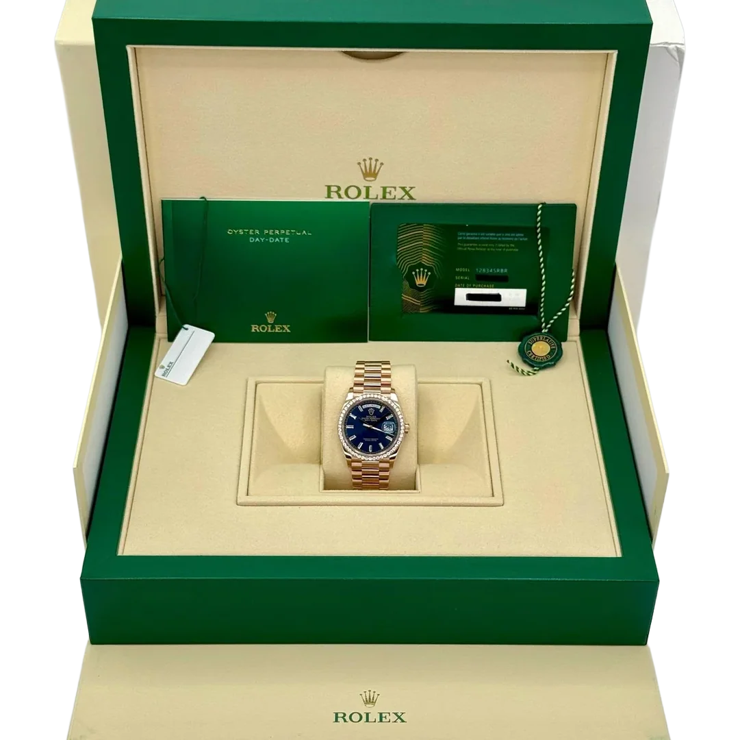 Day-Date 36mm 128345RBR Rose Gold Diamond Bezel Blue-Green Baguette Marker Dial