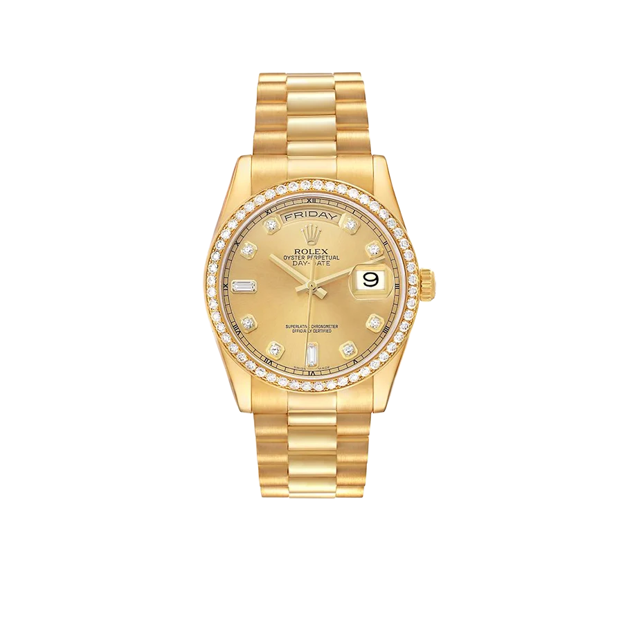 President Day-Date 36mm Yellow Gold Diamond Bezel Mens Watch 118348