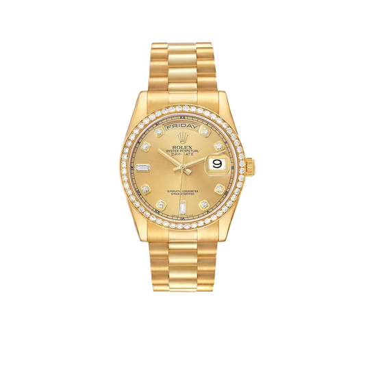 President Day-Date 36mm Yellow Gold Diamond Bezel Mens Watch 118348